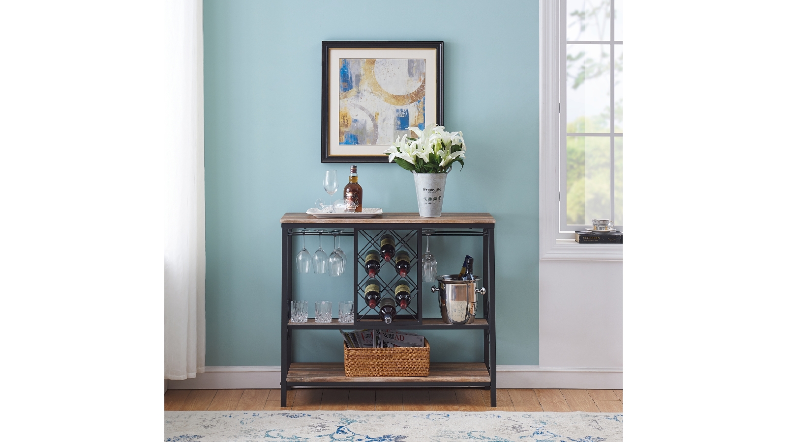 iHomDec Industrial Style Wine Rack Table with Glass Holder Brown