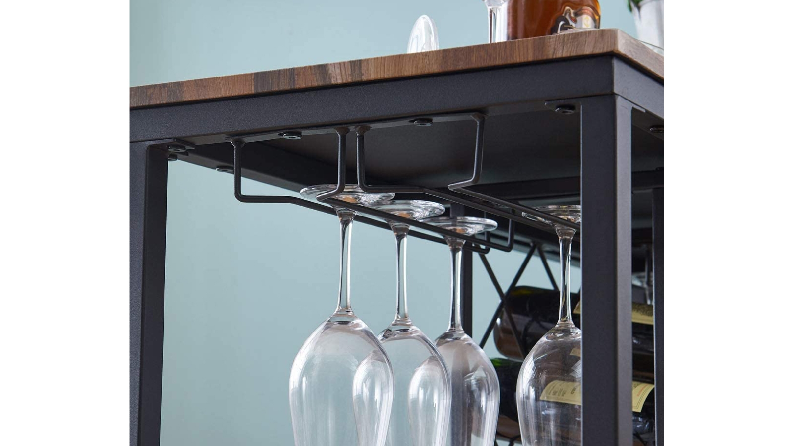 iHomDec Industrial Style Wine Rack Table with Glass Holder Brown