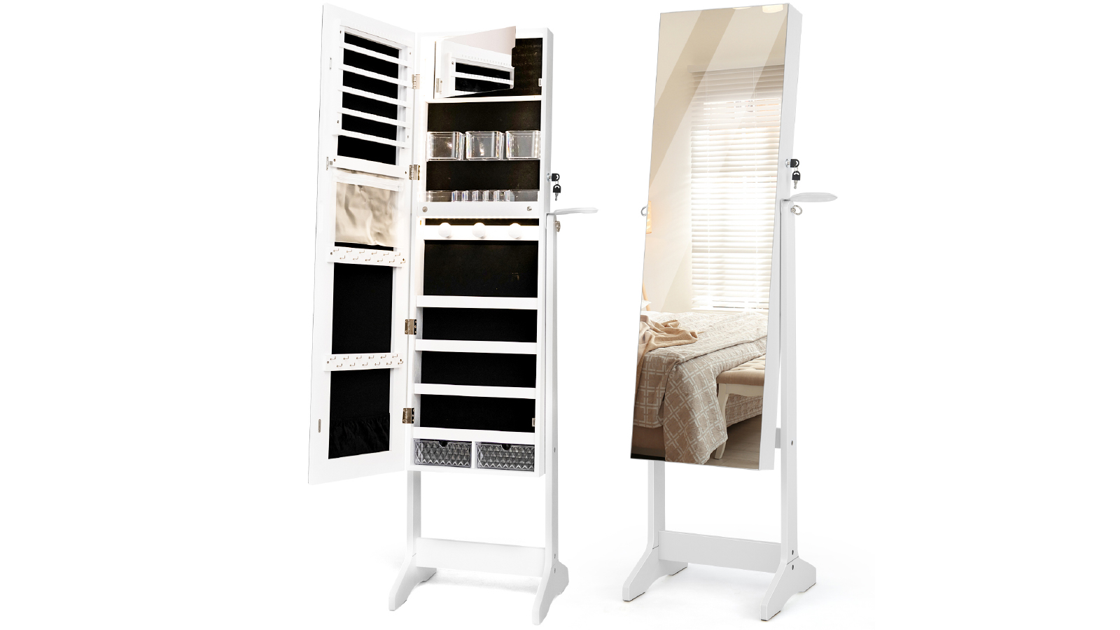 Costway Jewellrry Organiser Cabinet Makeup Mirror with 3 Color LED Lights - White
