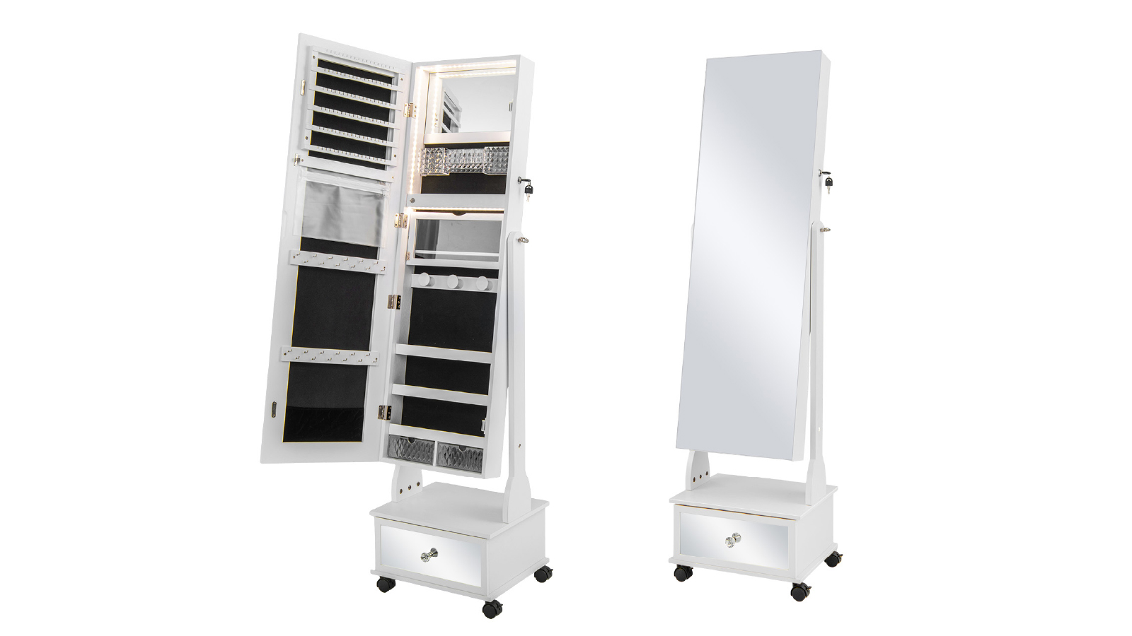 Costway Lockable Freestanding Mirror Jewelry Organiser with LED Lights/Foldable Shelf and Drawer