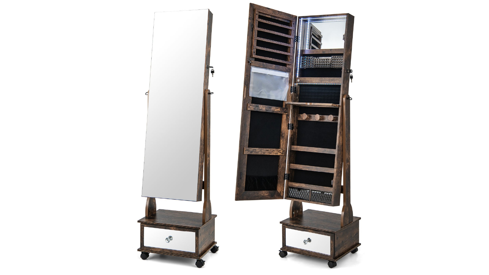 Costway Lockable Mirror Jewelry Organiser Full Length with LED Light Foldable Shelf and Drawer - Rustic Brown