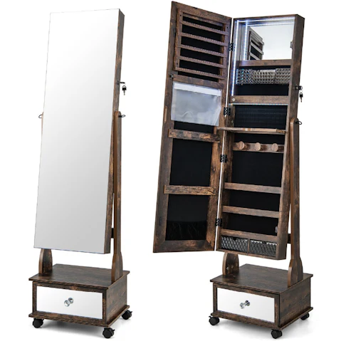 Costway Lockable Mirror Jewelry Organiser Full Length with LED Light Foldable Shelf and Drawer - Rustic Brown