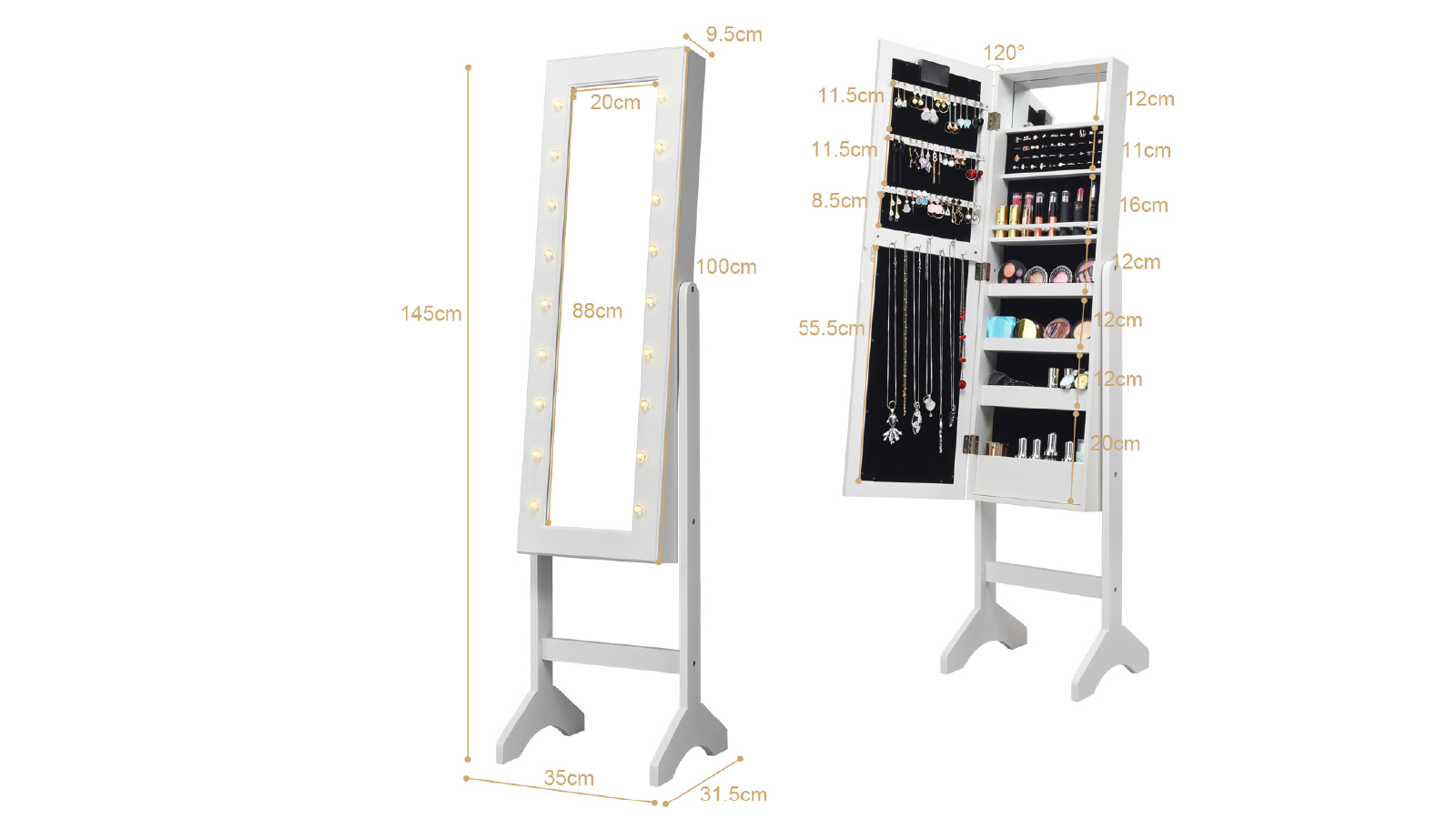 Costway Full Length Mirror Jewellery Cabinet with Makeup Cosmetics Storage - White