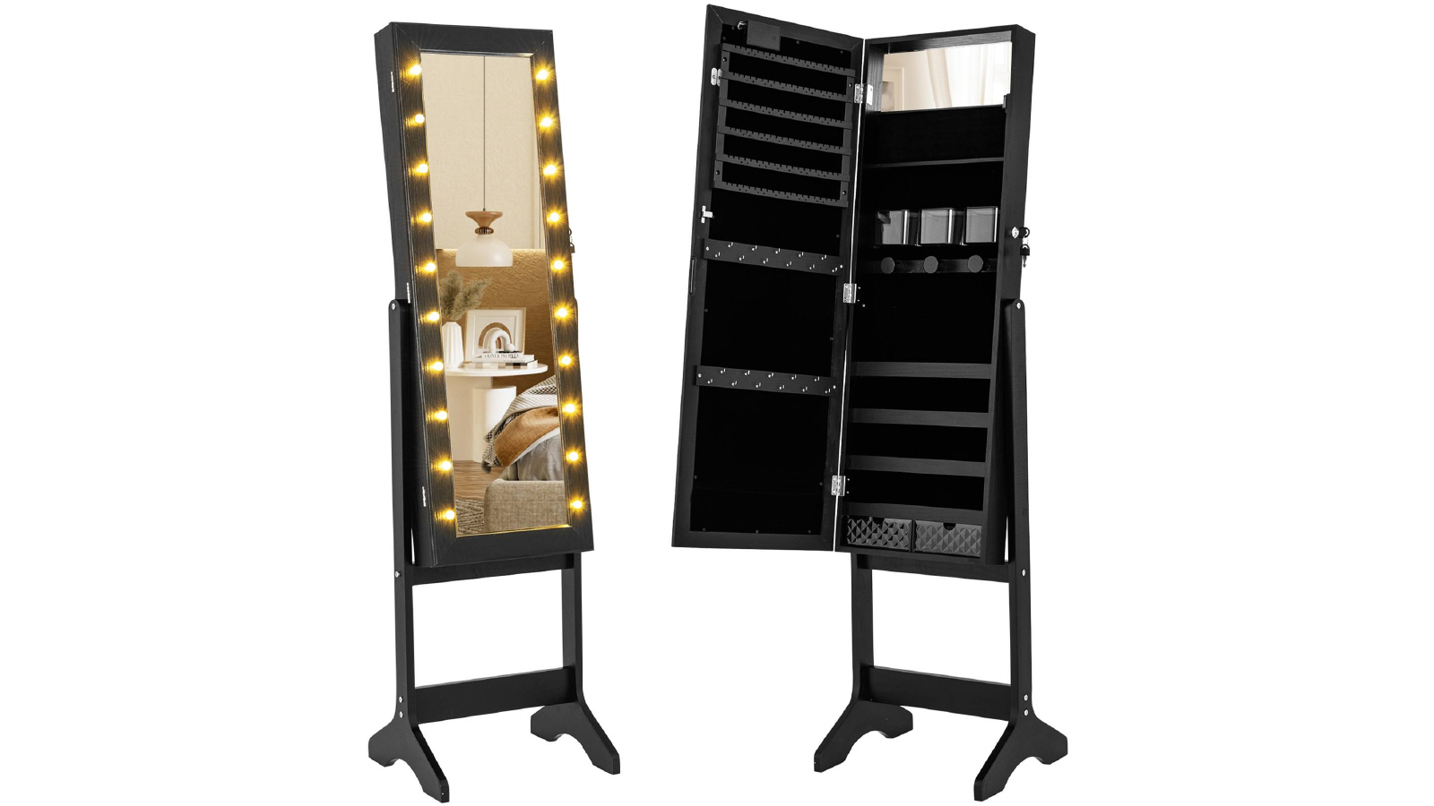 Costway 4 Tilt Angles Standing Mirror Jewelry Cabinet with 20 Lights - Black