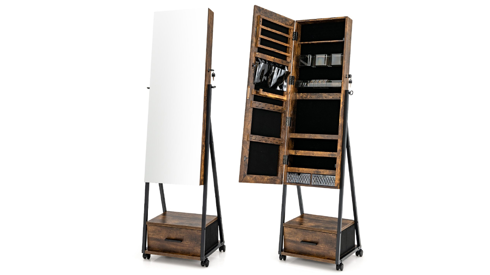 Costway Mobile Mirror Jewellery Cabinet with Drawers - Brown
