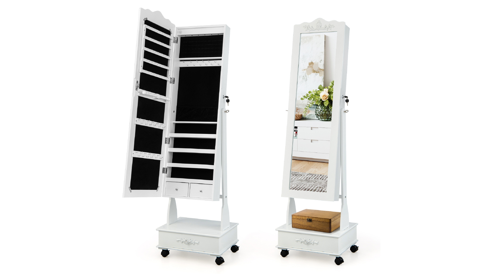Costway Full Length Mirror Jewelry Organiser Box with Drawer Bottom Shelf and Lights