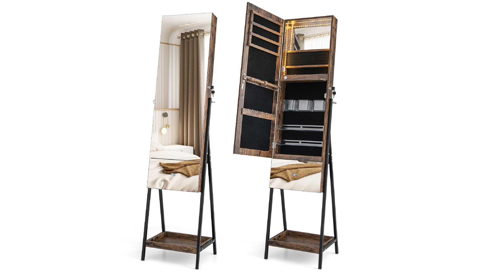 Costway Industrial Full Length Mirror Jewelry Organiser Box with Drawer Bottom Shelf and Lights