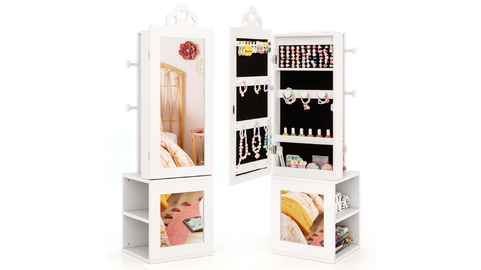 Costway 3 in 1 Jewelry Cabinet Armoire with Full Length Mirror and Clothes Rack Storage Organizer - White