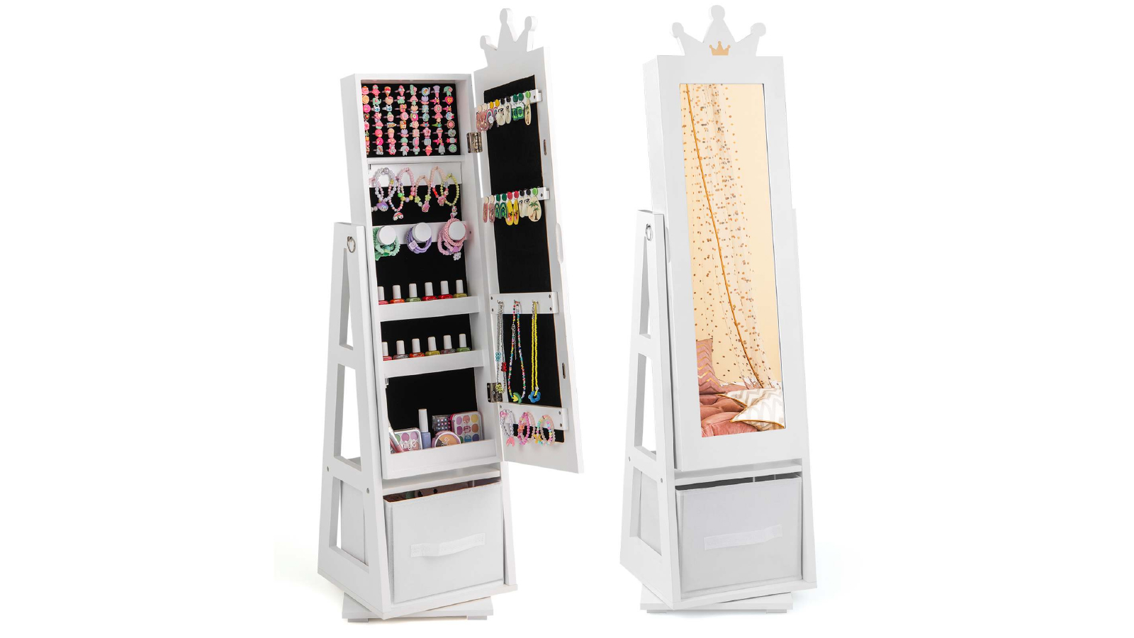 Costway 360 Degree Swivel Jewelry Cabinet 3 in 1 Armoire Dressing Mirror with Rear Rack Storage Organizer - White