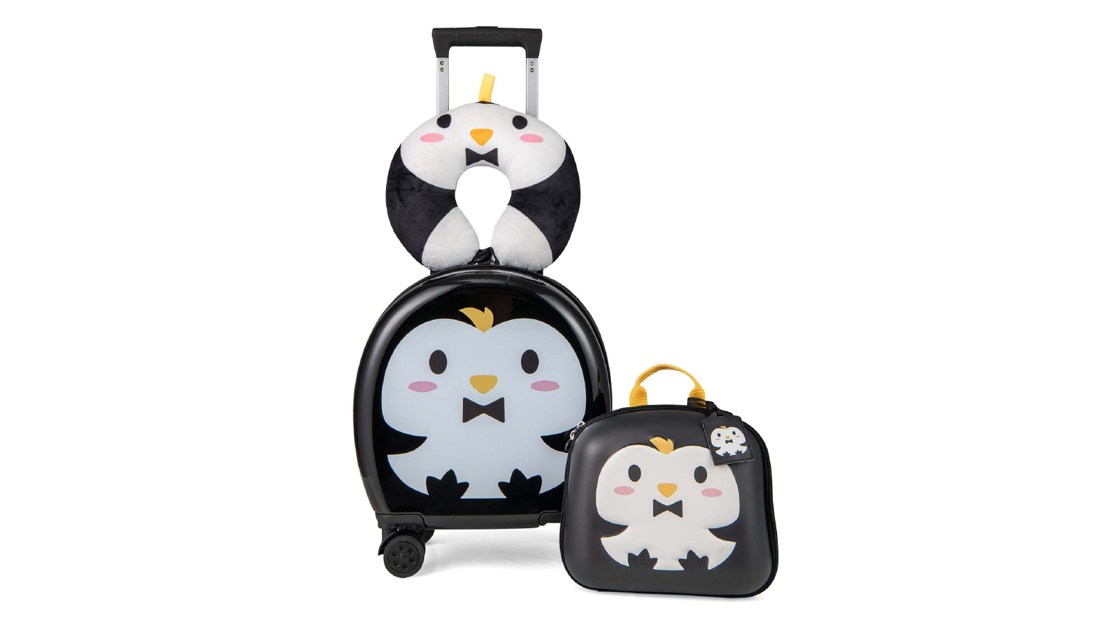 Costway 4 Piece Kids Luggage Set Rolling Backpack Travel Suitcase Carry On Bag with Neck Pillow Baggage - Black