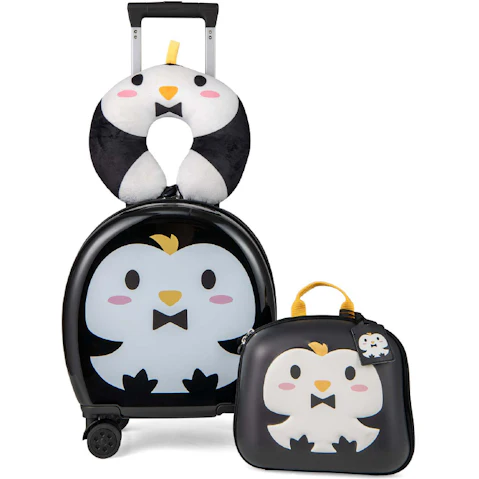 Costway 4 Piece Kids Luggage Set Rolling Backpack Travel Suitcase Carry On Bag with Neck Pillow Baggage - Black
