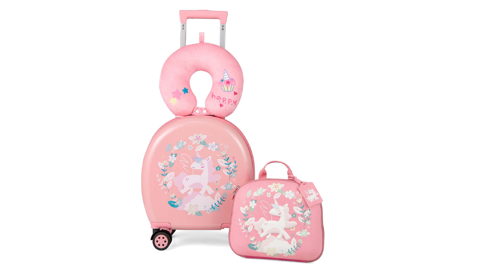 Costway 4 Piece Kids Luggage Set Rolling Backpack Travel Suitcase Carry On Bag with Neck Pillow Baggage - Pink