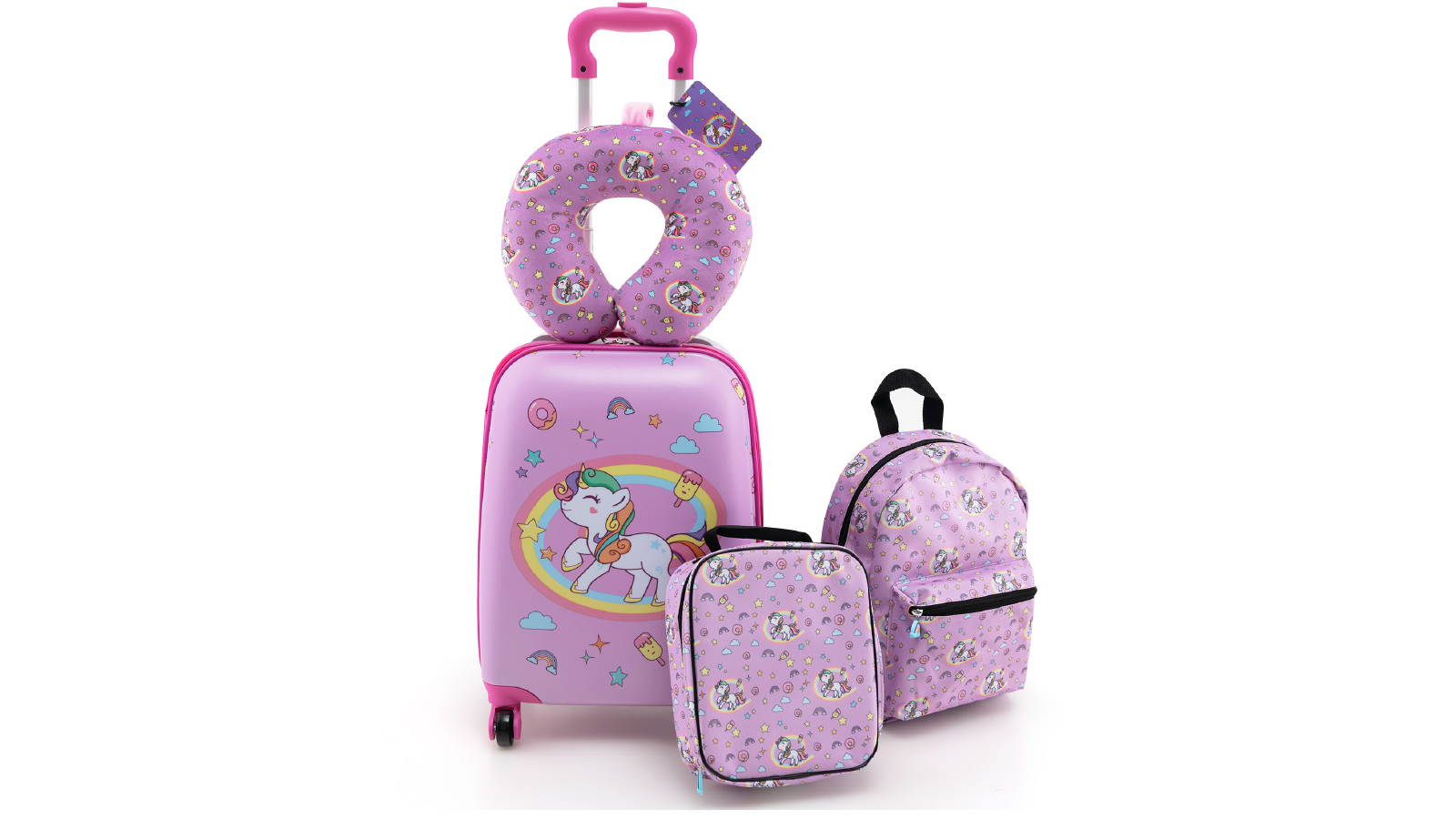 Costway 5 Piece Carry-on Luggage Set with Neck Pillow Lunch Bag Tag Aluminium Handle - Unicorn