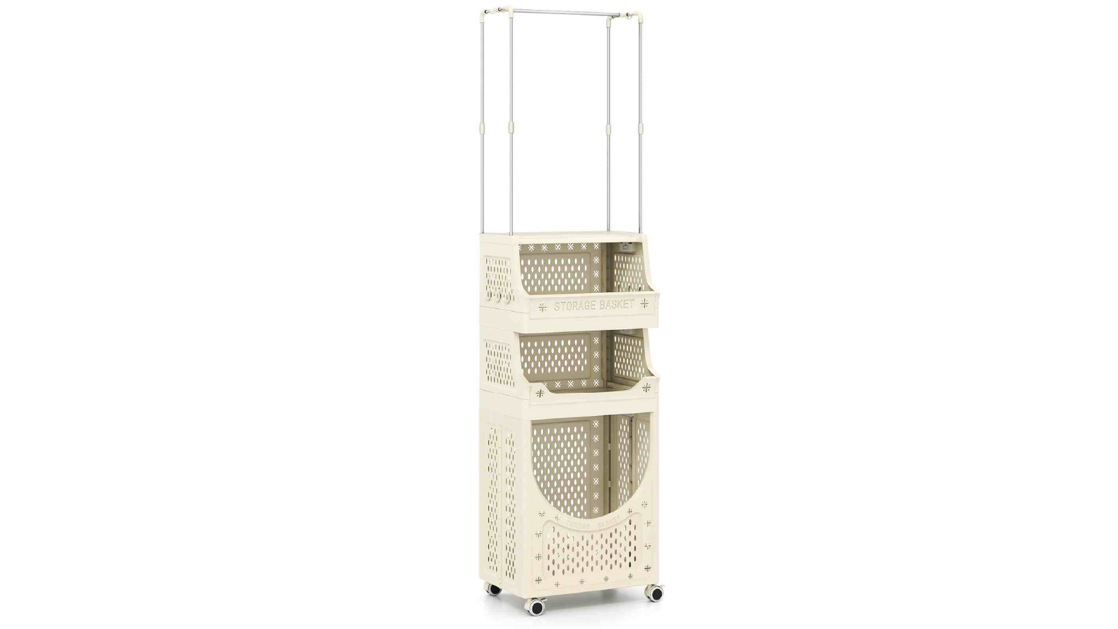 Costway 4 Tier 61L Folding Laundry Hamper with Hanging Bar 2 Baskets 8 Hanging Hooks Lockable Wheels Utility Cart