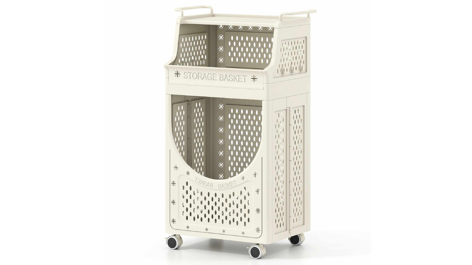 Costway 3 Tier 61L Folding Hamper Laundry Cart with 6 Hanging Hooks Lockable Wheels Utility Cart
