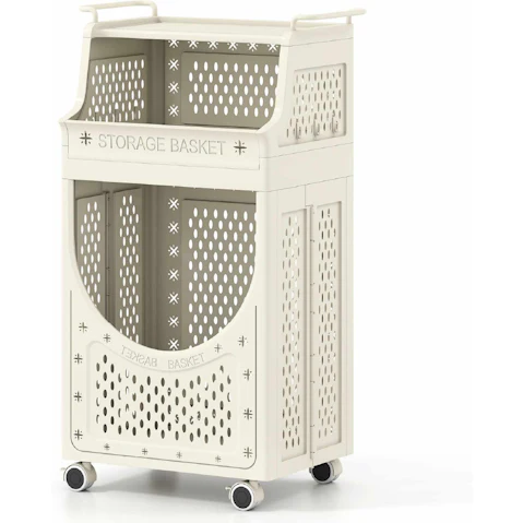 Costway 3 Tier 61L Folding Hamper Laundry Cart with 6 Hanging Hooks Lockable Wheels Utility Cart