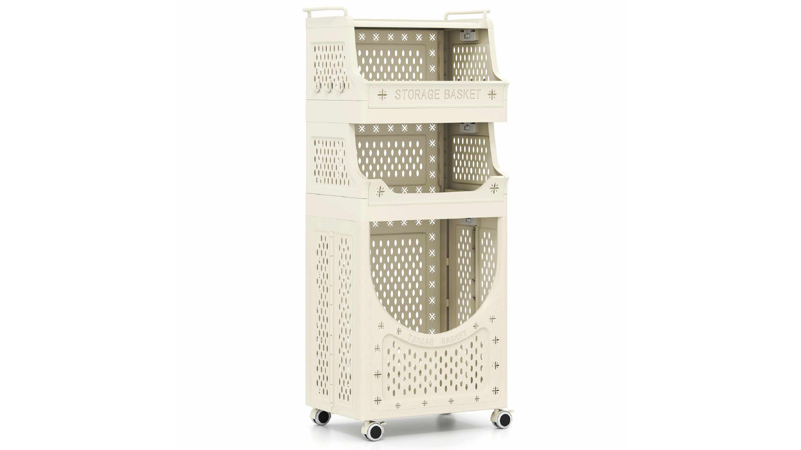 Costway 4 Tier 61L  Folding Side Hamper Laundry Cart with Wheels 2 Baskets 6 Hanging Hooks Utility Cart