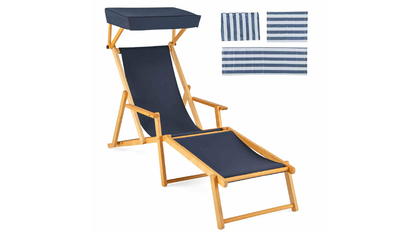 Costway Birch Wood Chaise Lounge Chair with Adjustable Canopy - Navy