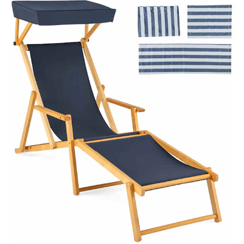 Costway Birch Wood Chaise Lounge Chair with Adjustable Canopy - Navy