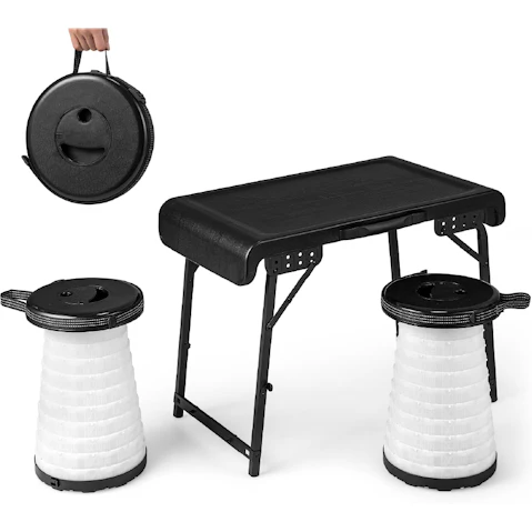 Costway 3 Piece Camping Table Stool Set with LED