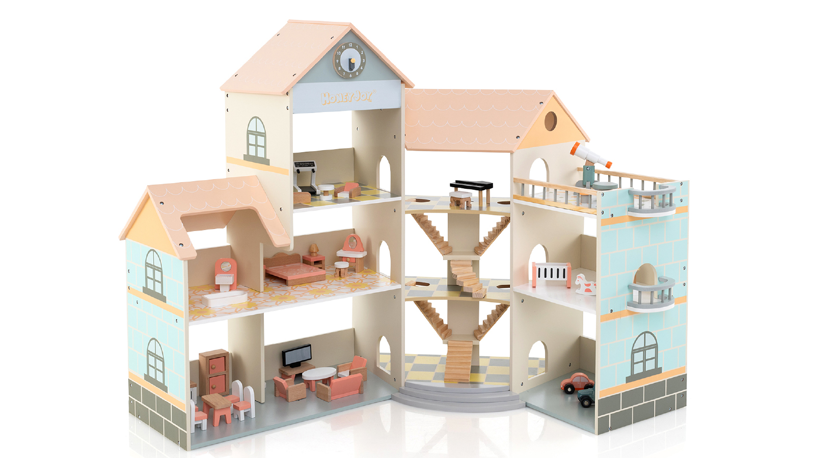 Costway Wooden Corner Dollhouse Playset DIY Pretend Dream House Orange Roof with 42 Accessories