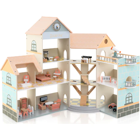 Costway Wooden Corner Dollhouse Playset DIY Pretend Dream House Orange Roof with 42 Accessories