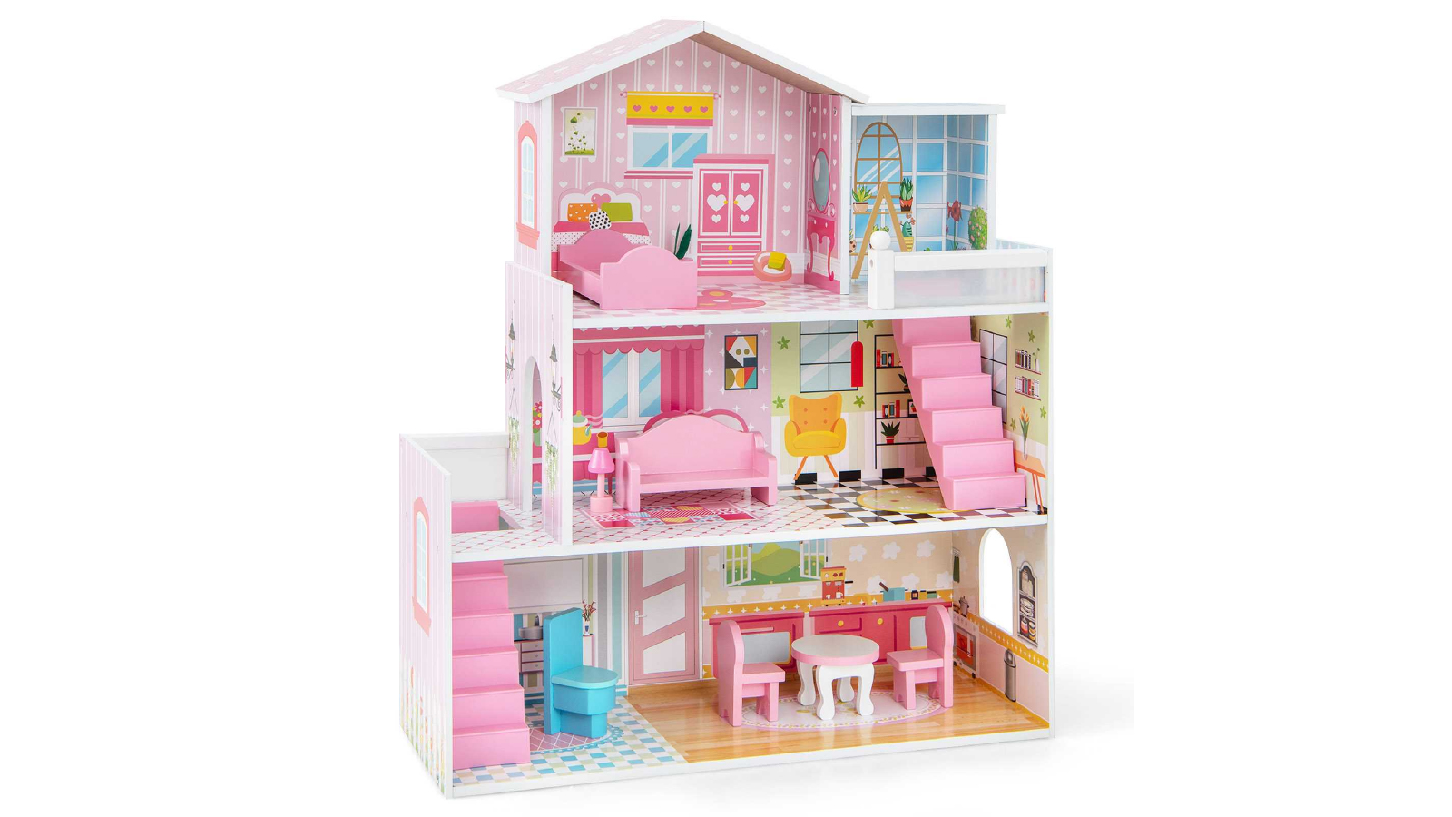 Costway 3 Story Pretend Play Dollhouse Wooden Dollhouse with Rooms and Furniture Set - Pink