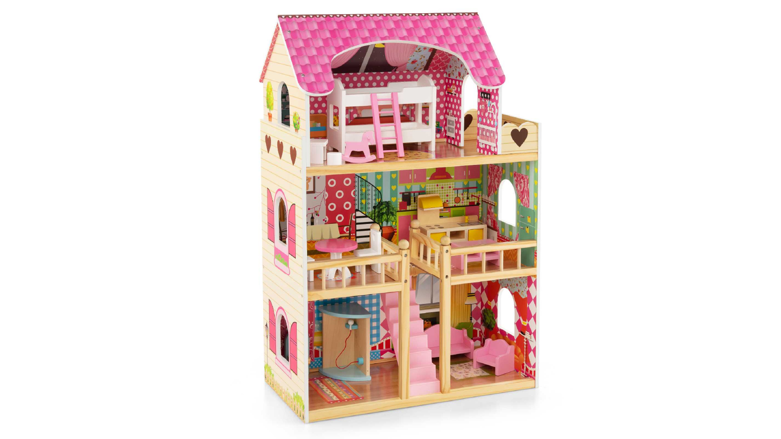 Costway 3 Story Pretend Play Wooden Dollhouse with 6 Rooms and 15 Furniture Accessories