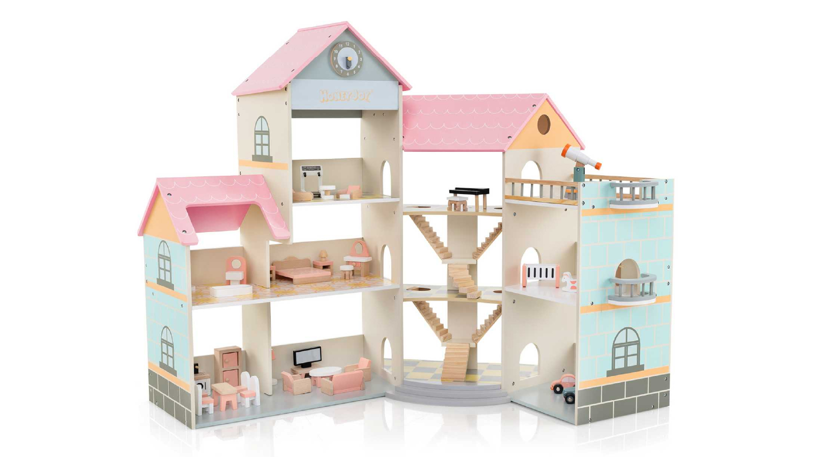 Costway 3 Tier Wooden Corner Dollhouse Playset Boys Girls DIY Pretend Play - Pink