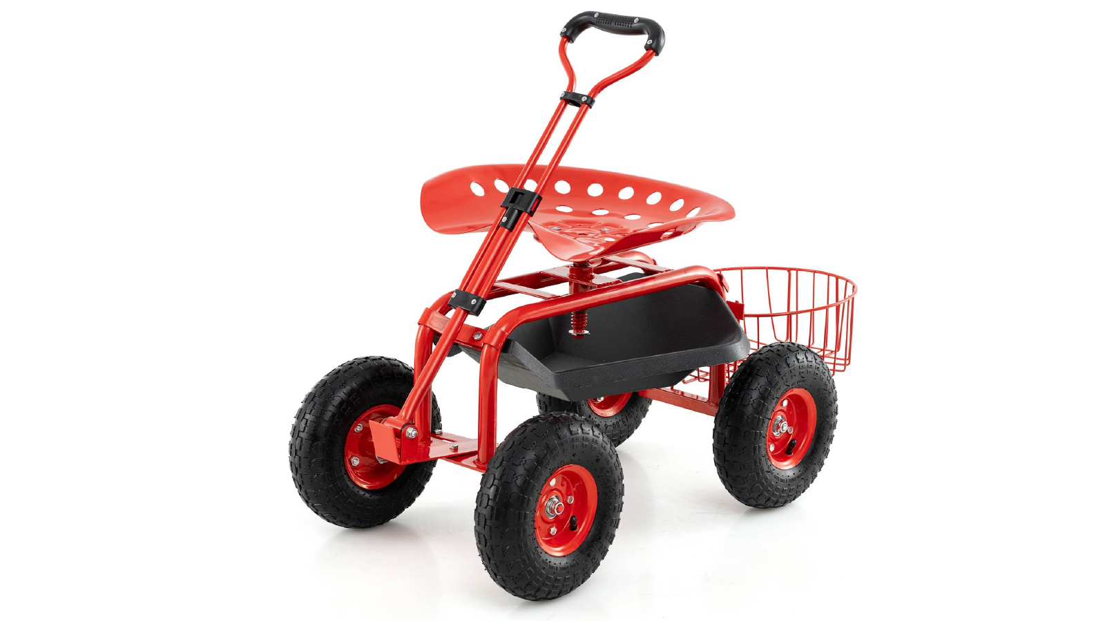 Costway Steerable Garden Cart with Extendable Handle Adjustable Seat and Rubber Wheels Rolling Stool Seat