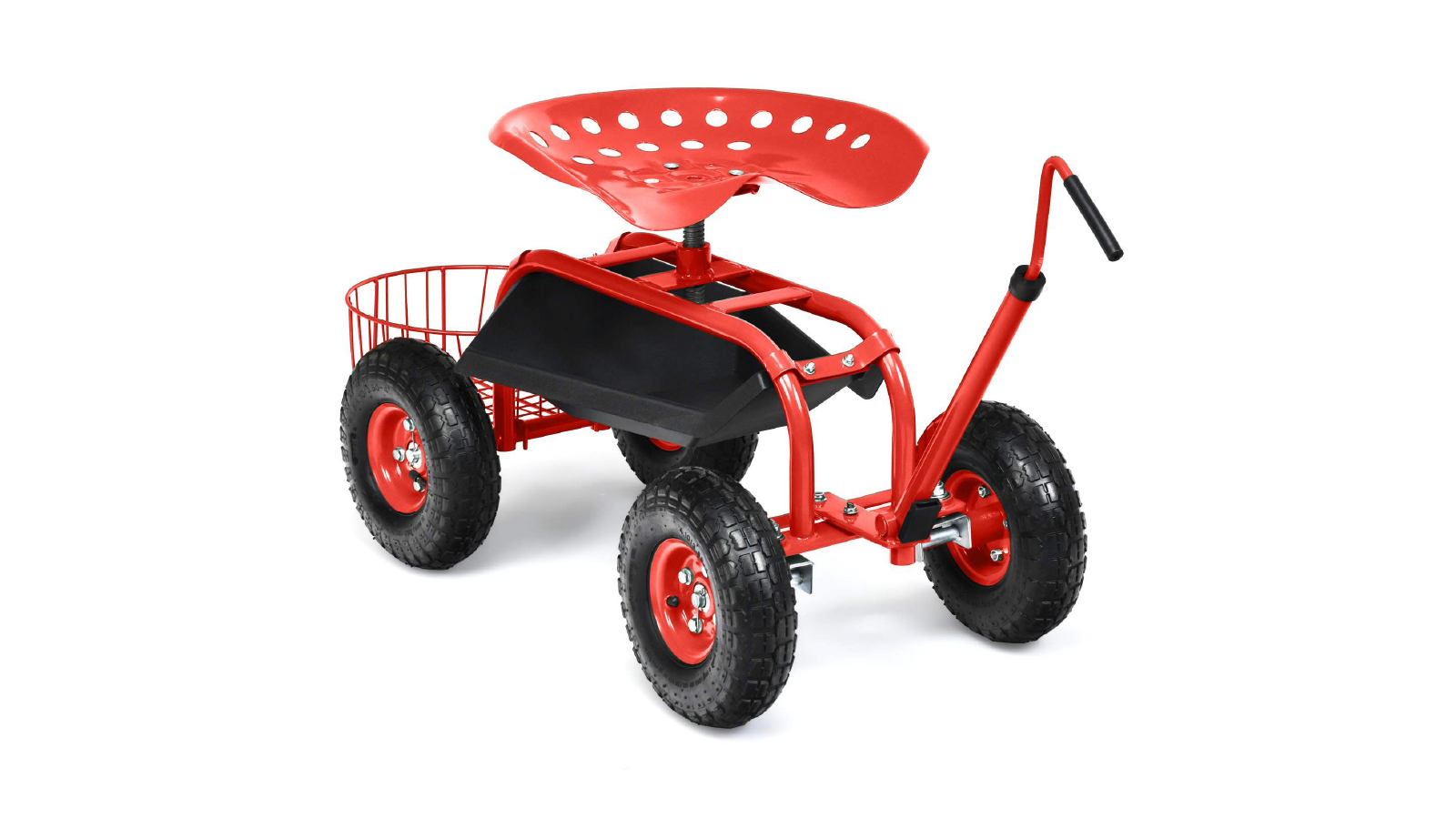 Costway Steerable Garden Cart with Extendable Handle Adjustable Seat and 4 Rubber Wheels Yard Rolling Stool Seat - Red