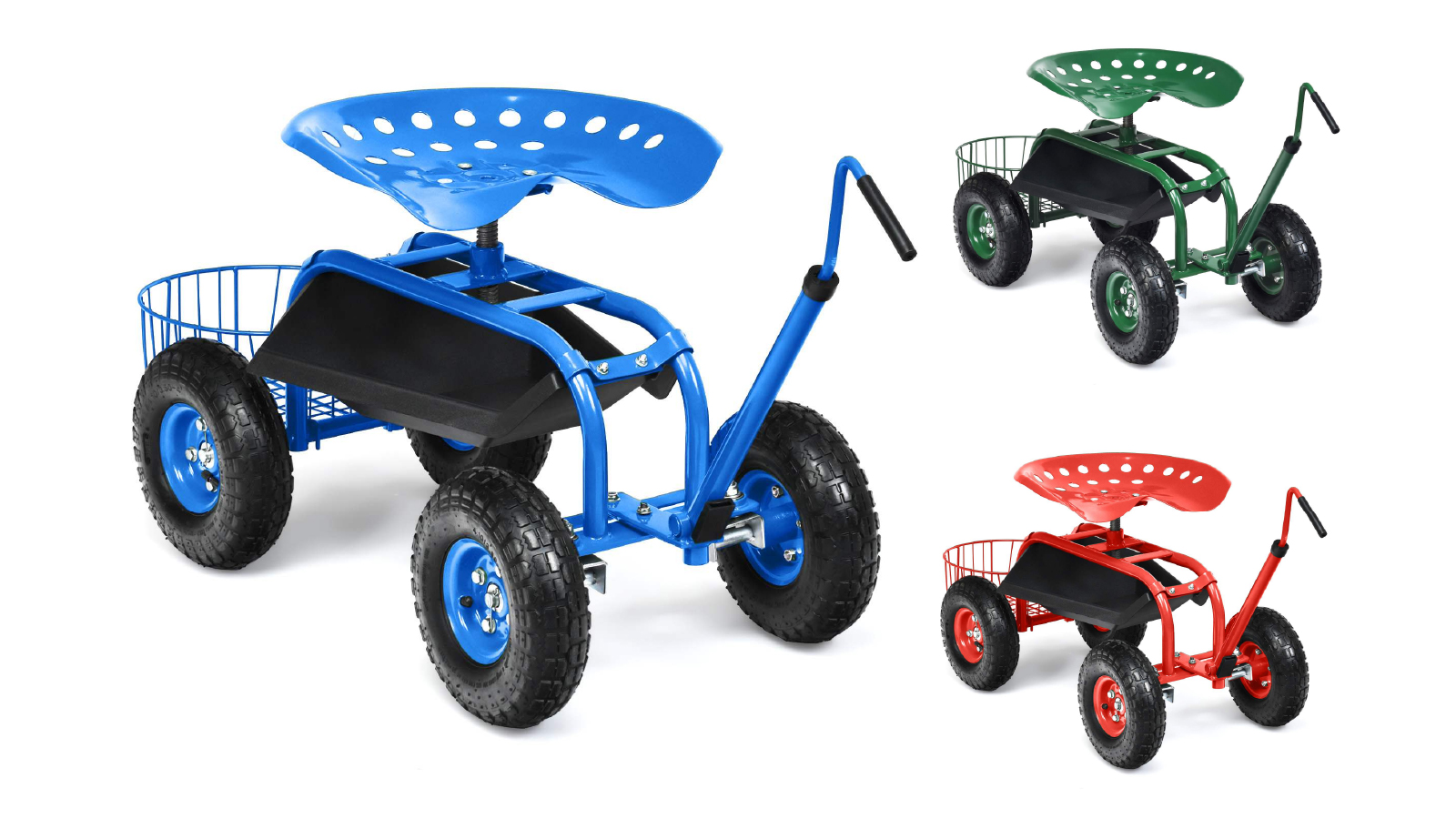 Costway Steerable Garden Cart with Extendable Handle Adjustable Seat and 4 Rubber Wheels Yard Rolling Stool Seat