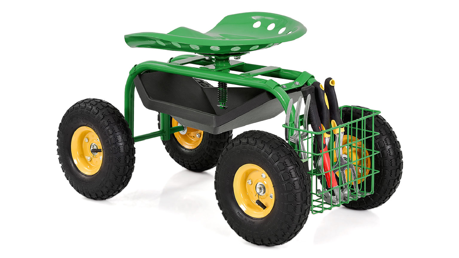 Costway Metal Garden Rolling Stool Rotatable Seat Adjustable with Tool Tray Basket - Green