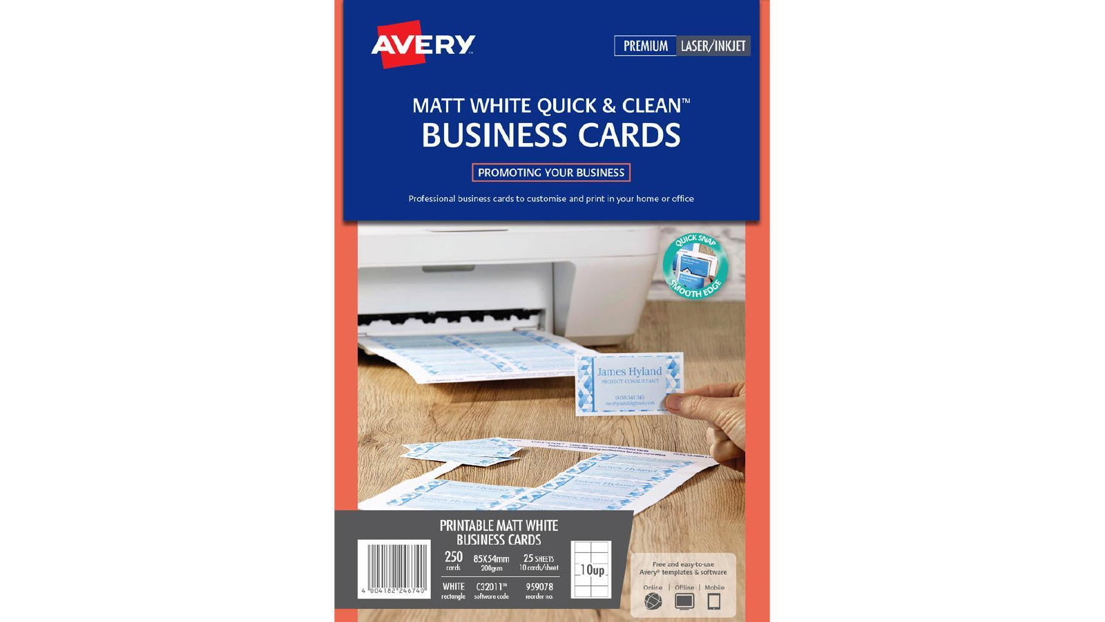 Avery 250 Pack of 200gsm C32011 Clean Business Cards Laser And Inkjet 
