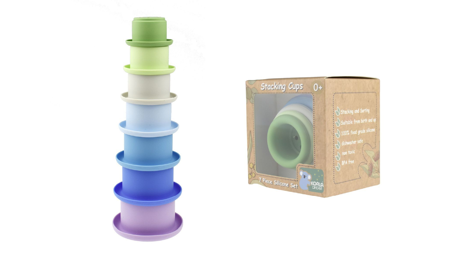 Koala Dream 7 Piece Silicone Stacking Cups Set - Blue