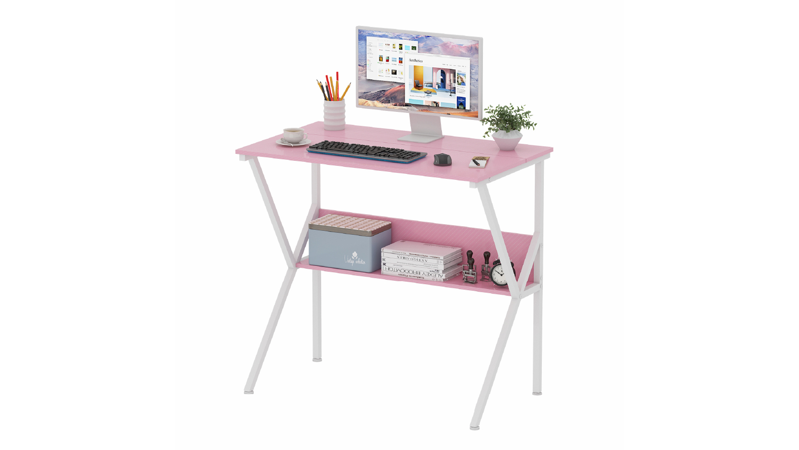 Advwin 80cm Small Computer Desk with Adjustable Monitor Stand Writing Table - Pink