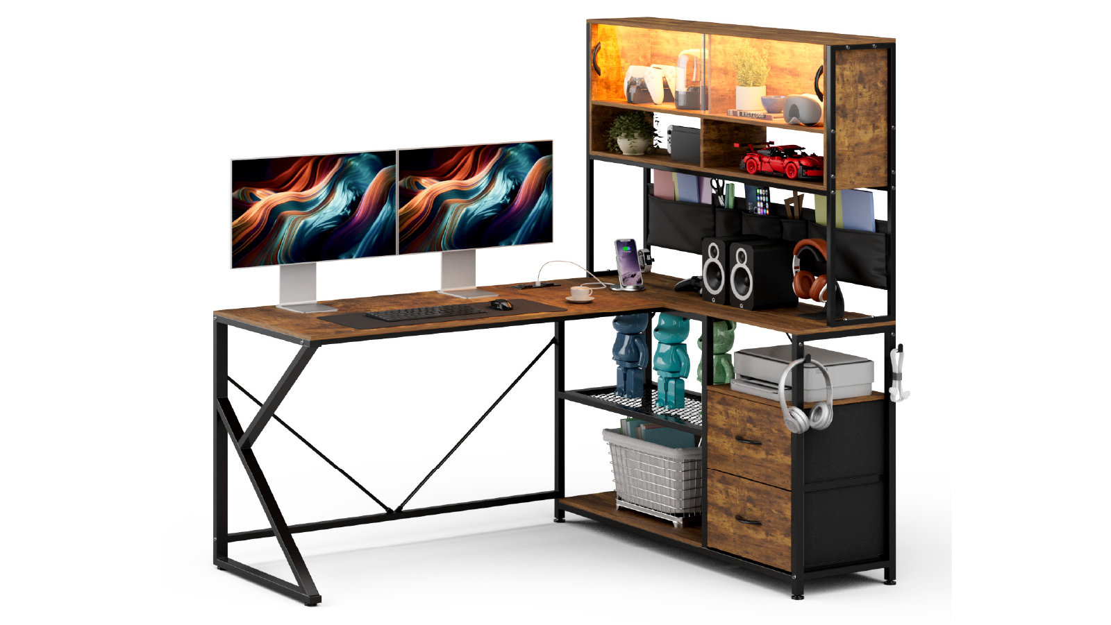 Advwin 130cm L Shaped Gaming Desk with 2 Fabric Drawers and Storage Bag and LED Lights and Power Outlets - Walnut