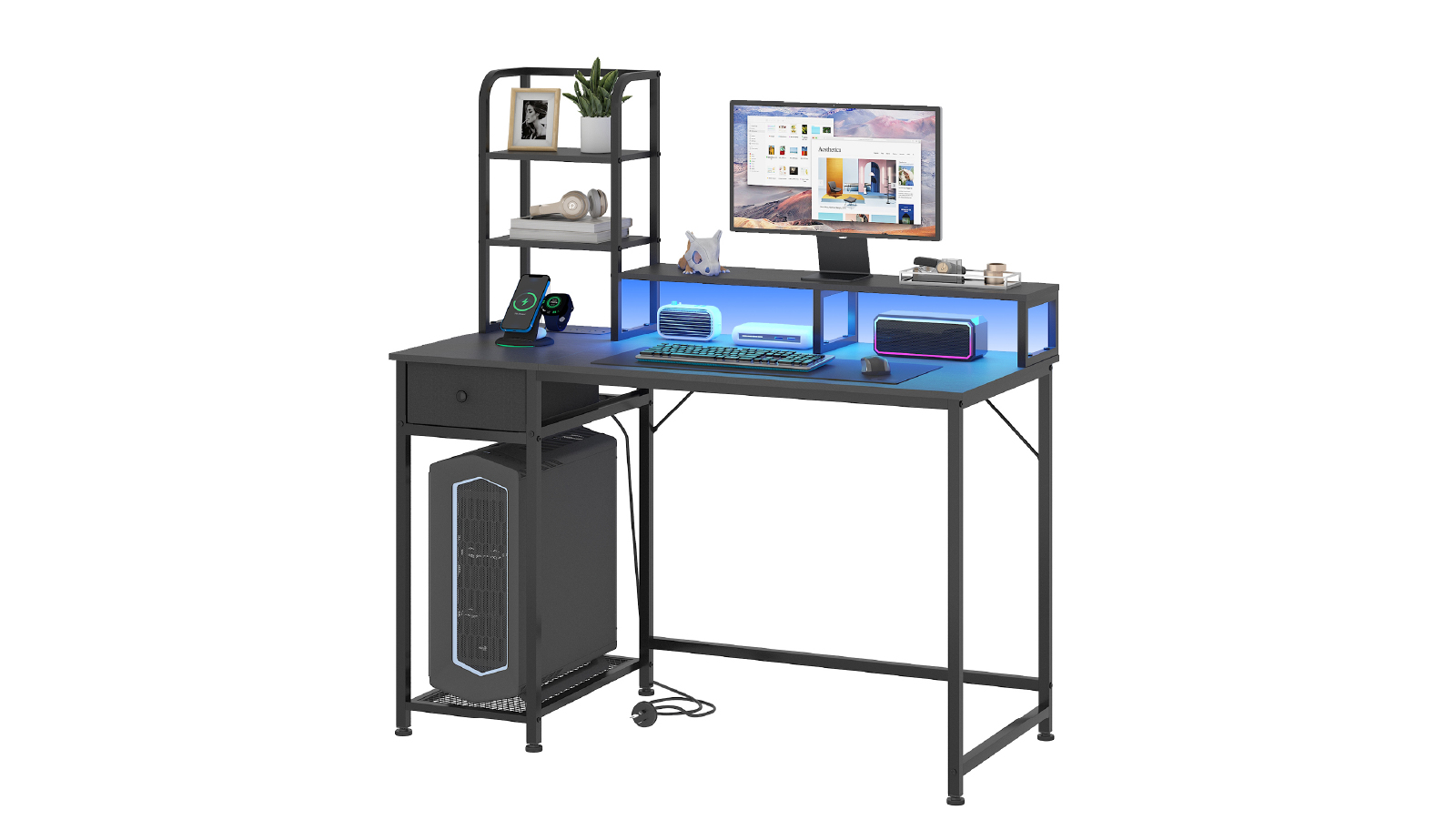 Advwin Reversible Computer Desk with Storage Shelves and Drawer Gaming Desk with LED Lights and Power Outlets - Black