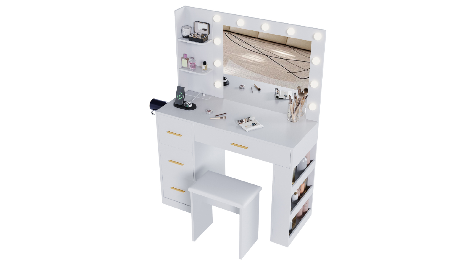 Advwin Dressing Table Set with Large Mirror and Lights Vanity Desk with Power Outlet 3 Color Lighting Modes - White