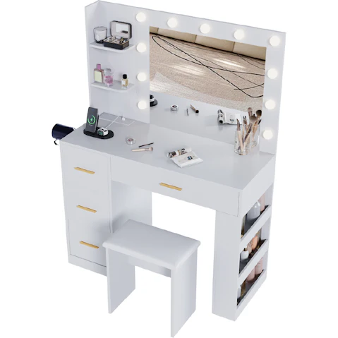 Advwin Dressing Table Set with Large Mirror and Lights Vanity Desk with Power Outlet 3 Color Lighting Modes - White