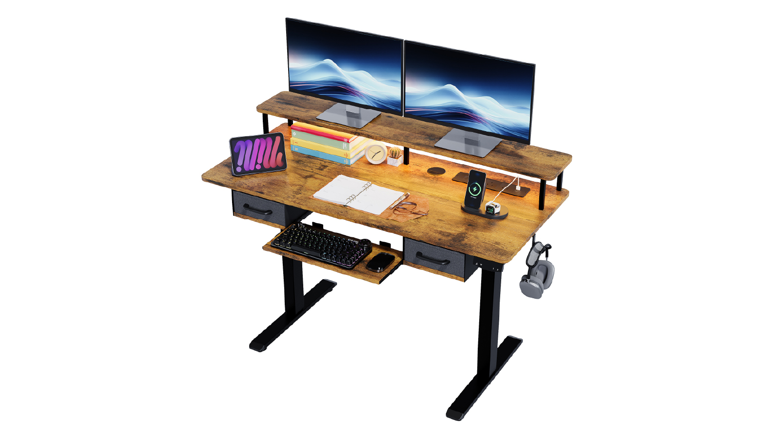 Advwin Standing Desk with Drawers and Keyboard Tray Electric Stand Up Computer Desk with Monitor Stand LED Light - Rustic Brown