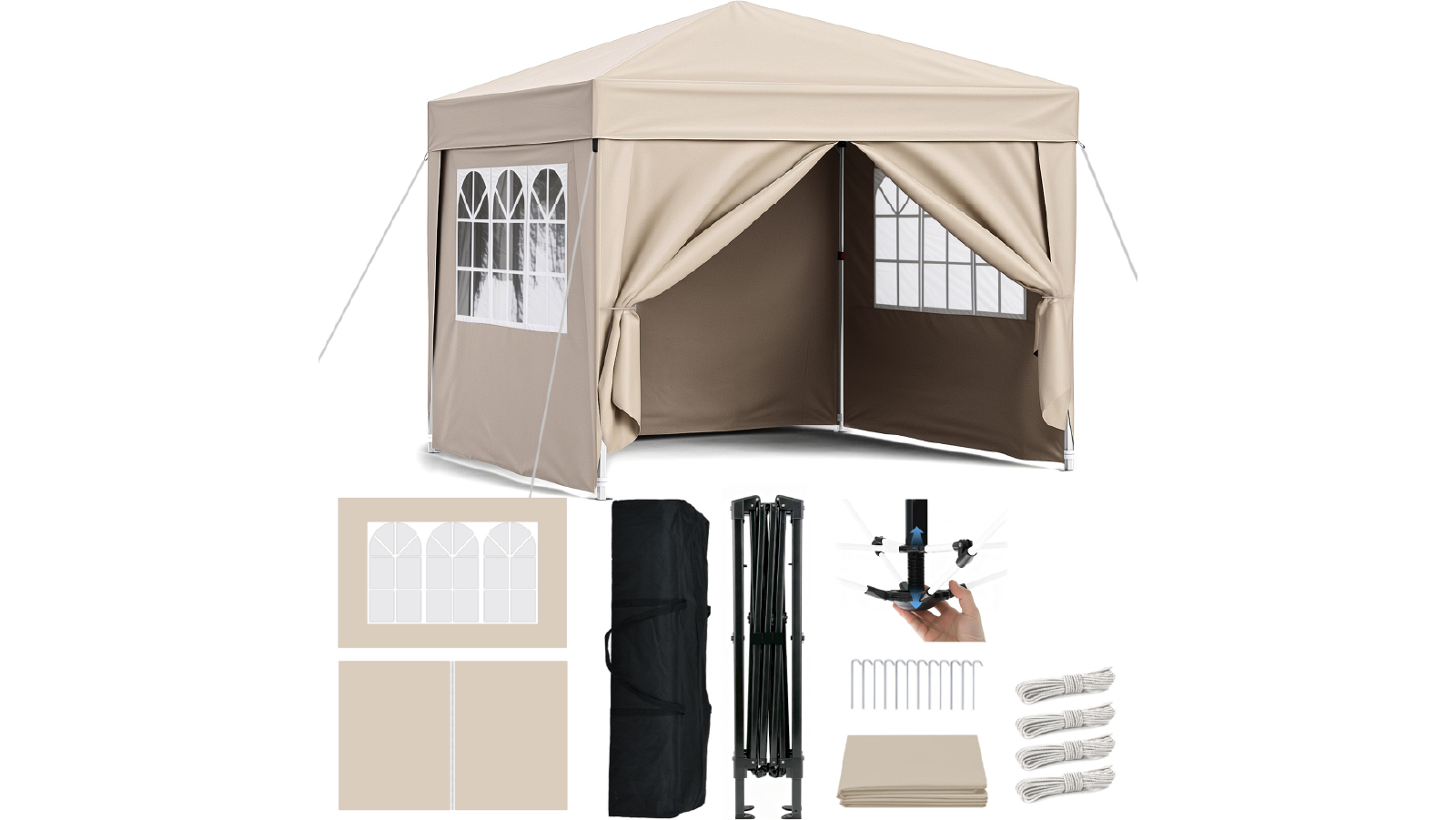 Advwin 3 x 3m Pop up Canopy Tent with 4 Removable Sidewalls, Adjustable Height Water Resistant and UV - Beige