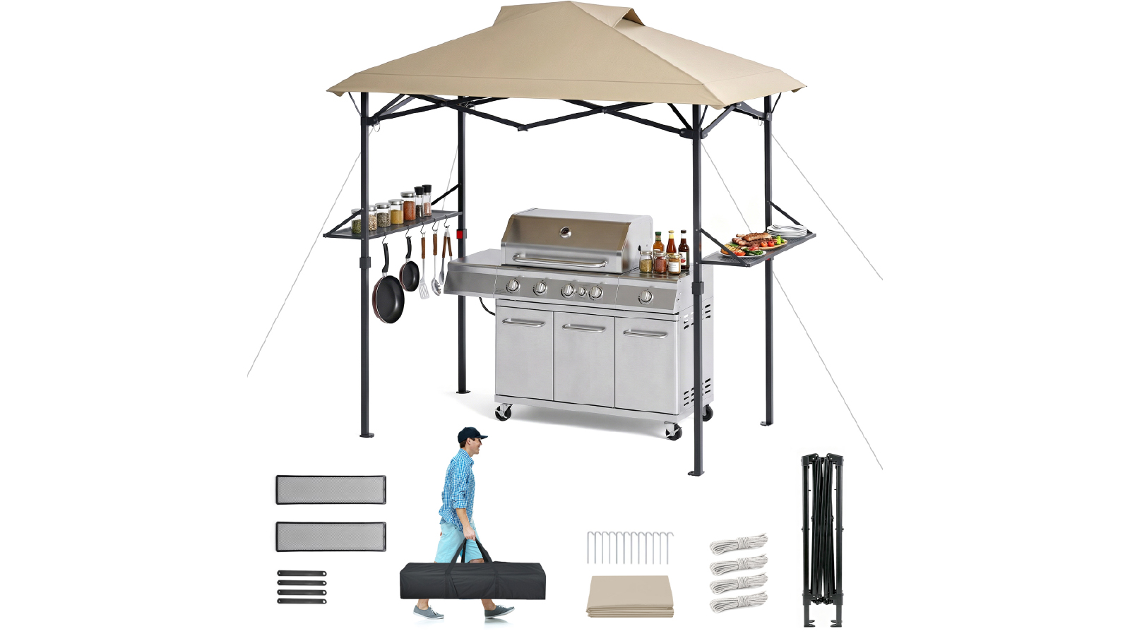 Advwin Outdoor Foldable Patio Canopy Tent with 2 Side Shelves for Backyard Lawn