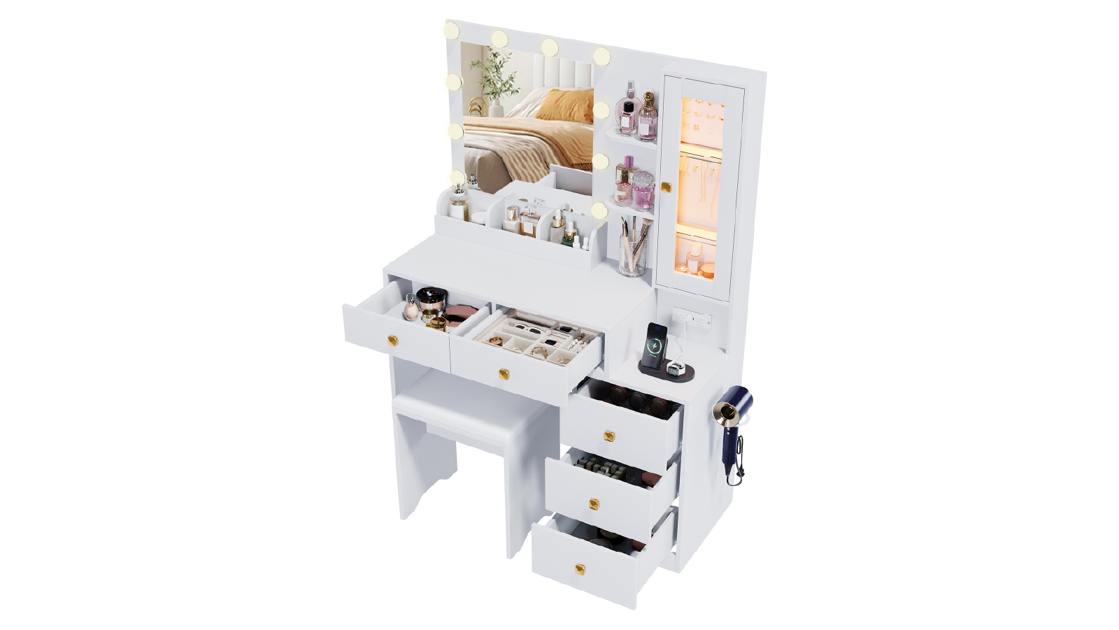 Advwin 10 LED Bulbs Charging Station Vanity Desk with Glass Display Cabinet - White
