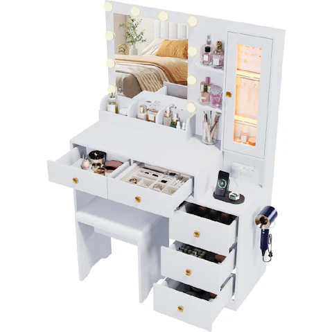 Advwin 10 LED Bulbs Charging Station Vanity Desk with Glass Display Cabinet - White