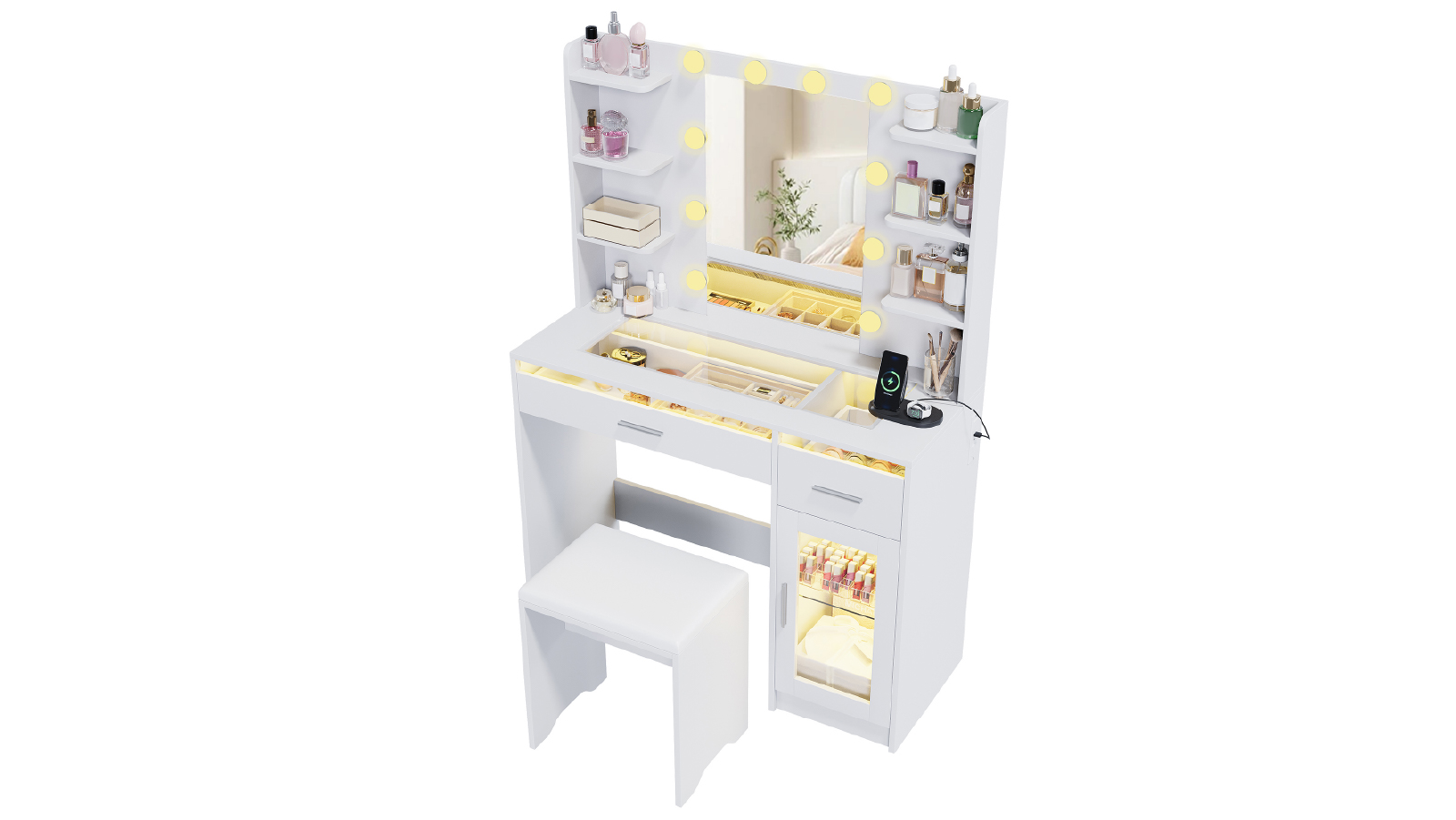 Advwin LED Dressing Table Set with Large Mirror and 3 Color Lighting Mode - White