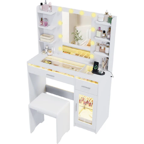 Advwin LED Dressing Table Set with Large Mirror and 3 Color Lighting Mode - White