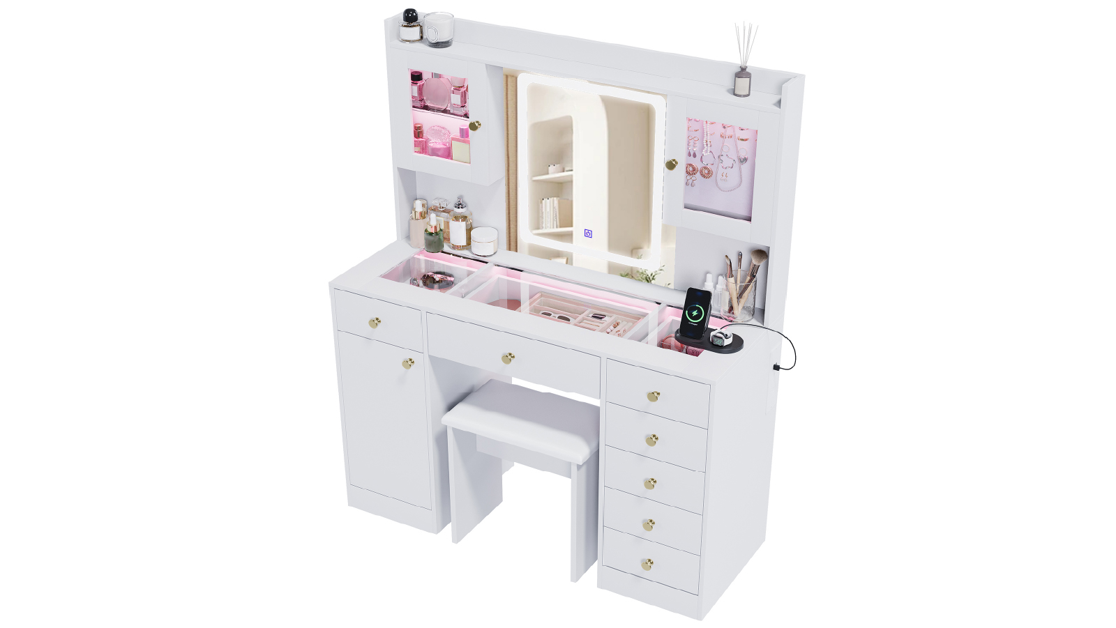 Advwin Dressing Table Set with Mirror and Lights and Glass Desktop and Charging Station and 7 Drawers Cabinet