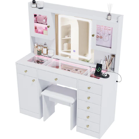 Advwin Dressing Table Set with Mirror and Lights and Glass Desktop and Charging Station and 7 Drawers Cabinet