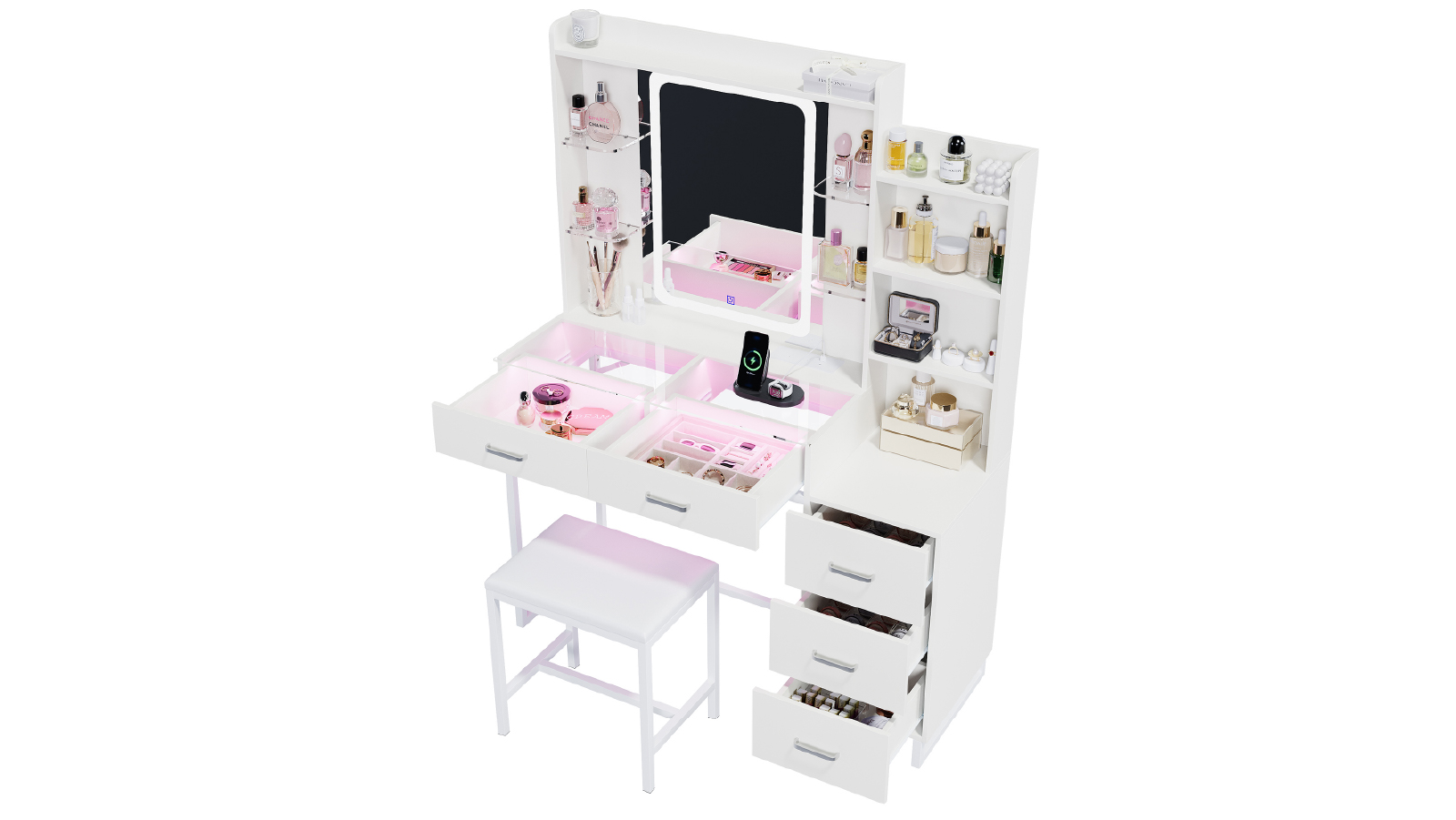 Advwin Dressing Table Set with Mirror and RGB Lights 5 Drawers and Open Shelves